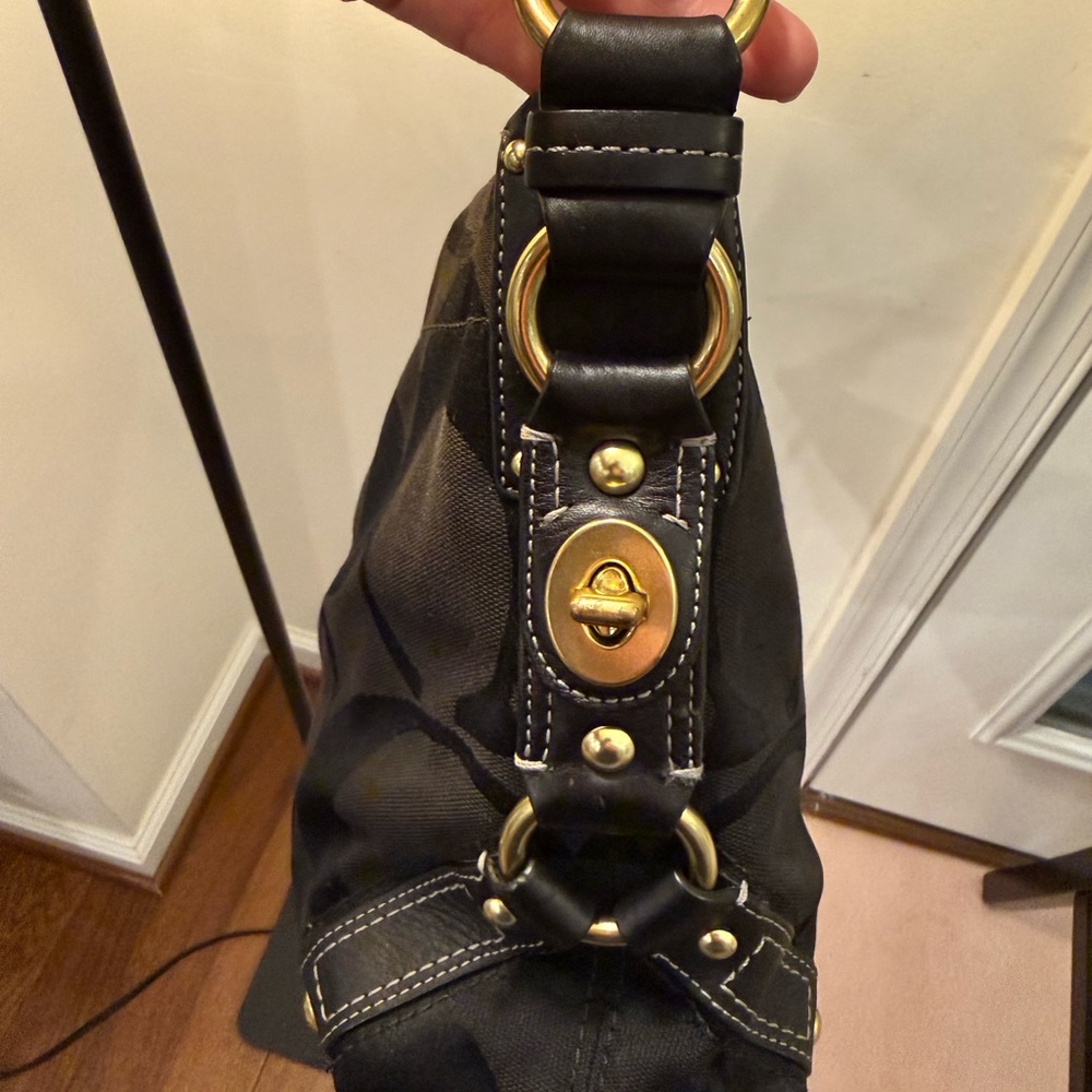 Coach Black Signature Carly Hobo Shoulder Bag with Brass Hardware - Picture 8 of 16